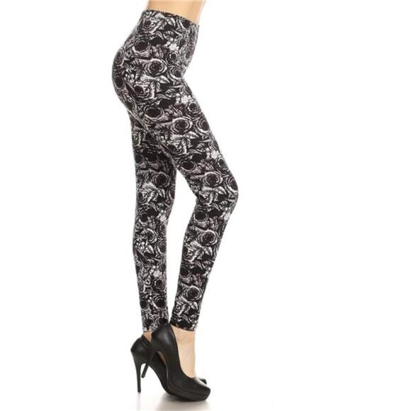 Abstract Rose‎ Floral Printed Leggings Tights High Waisted Gray Black Leggings - Picture 2 of 4